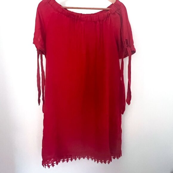 Lungo L'arn0 Italian 100% Linen Red Off the Shoulder Tie Sleeve Mini Shift Dress - Picture 4 of 10